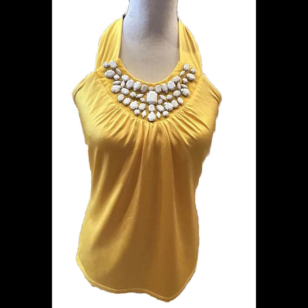 👚💛NWT CACHE Yellow SEXY Shining  Top - Lined Beaded  Club Party  Size M